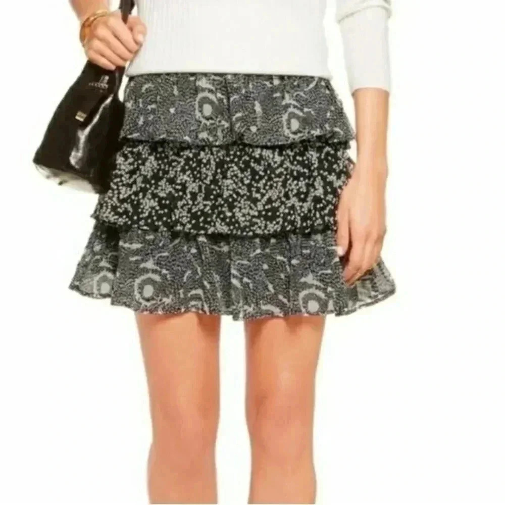 Walter Baker Tiered Ruffle Black Brown Starburst Print Mira Mini Skirt Size 6 S